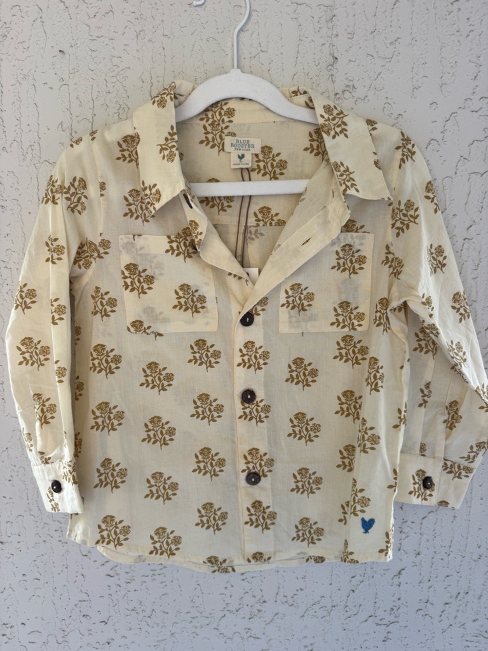 Blue Rooster NY Cream Floral Button Down Kids Shirt - Lightweight Long-Sleeve 5Y